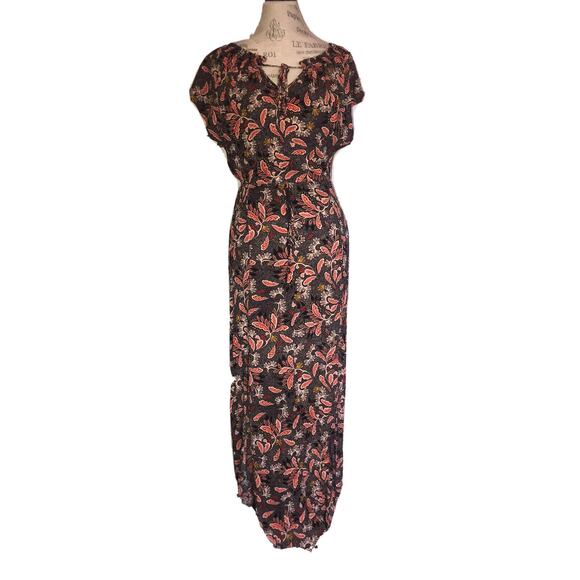 H&M black red floral Maxi Sun Dress Double Front Slit sz 4 romantic summer - Picture 1 of 6